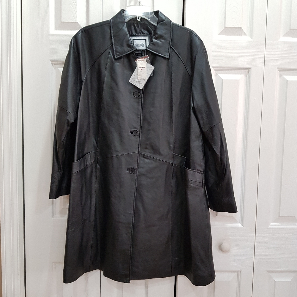 NWT EXCELLED COLLECTION Womens Plus Sz 1X Rt $220 Leather Long Coat Jacket Quilt
